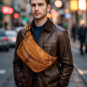 Nueva Bolsa de Pecho y Hombro de Cuero Genuino para Hombre, Cierre de Cremallera, Alta Calidad, Estilo Casual y Simple, para Motocicleta - Product Image 1