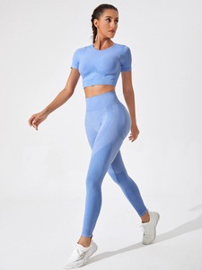 Ensembles de yoga pour femmes en gros – Tenue de sport 2 pièces : Crop top à manches courtes et pantalon taille haute – Vêtements de fitness et de sport - Product Image 4