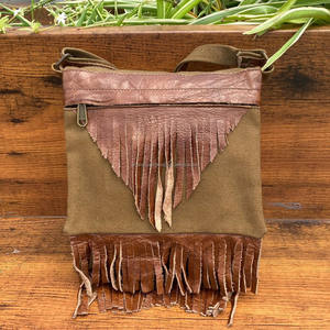 Custom Genuine Leather Canvas Water Resistant <b>Purse</b> for Women's Western Luxury Cowhide Leather Crossbody Fringe Shoulder Bags - Product Image 2