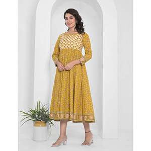Vestido Anarkali Largo de Algodón Color Mostaza con Estampado Étnico y Otros Accesorios Étnicos - Product Image 4