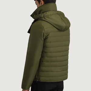Olive Green Quilted Padded Hooded <b>Jacket</b> for Men Water-Resistant Winter Outerwear <b>Fleece</b> <b>Lining</b> Adjustable Hood Stand Streetwear - Product Image 2