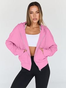 Women's Cropped Hoodie Sweatshirt Solid <b>Pink</b> Full Sleeve Zipper-Up Knitted Cotton Autumn Wear - Product Image 5