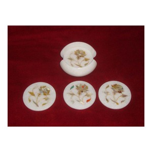 Handmade Round Shape White Marble Inlay <b>Coaster</b> <b>Set</b> With Safe International Standard High Class Export Packing - Product Image 1