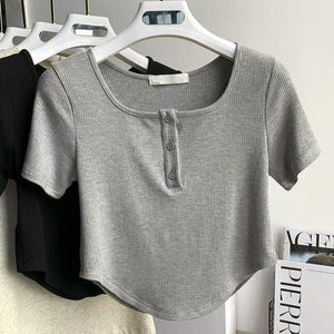 Pull à manches courtes, boutonné, couleur unie, personnalisable, décontracté, confortable, printemps-été, haut court pour femme, nouveau design 2026 - Product Image 4