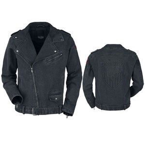 Veste denim matelassée personnalisée unisexe style vintage délavé, col à revers, boutons noirs, poignets en peau de mouton, fermeture à glissière, coupe régulière - Product Image 1