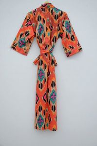 Unisex hecho a mano naranja Ikat estampado lujo 100% algodón Albornoz suave indio casa abrigo ropa de dormir mujeres hombres Spa verano otoño - Product Image 3