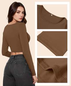 Top corto de punto suave y ligero para mujer con manga larga cuello redondo ajustado capa Base informal para entrenamiento Sexy Going Tops - Product Image 4