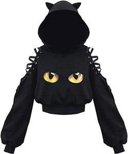 Mujeres sudaderas con capucha de orejas de gato Crop Top Sudadera con capucha con cordones de manga larga primavera otoño - Product Image 5
