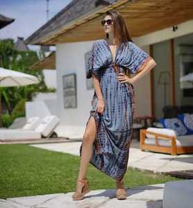 100% rayonne tissu cravate teinture femmes bohème plage porter coupe ample cheville longueur Maxi robes avec manches tissé méthode de tissage - Product Image 6