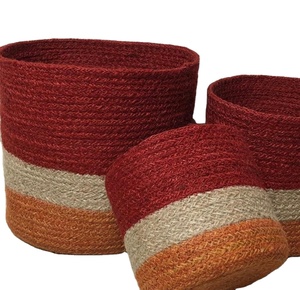 Juego de Macetas Tejidas a Mano Hechas en BD, Cesta Redonda Rústica con Rayas Amarillas y Marrones, Estilo Bohemio, Maceta para Interiores - Product Image 3