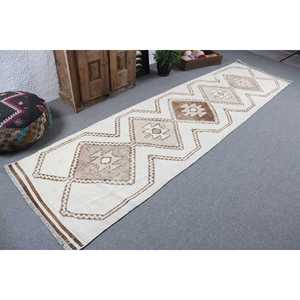 พรมขนาด 3.1x11.8 ฟุต, พรมวินเทจตุรกี, พรมขนสัตว์สีขาวน้ำตาลลายนามธรรม - Product Image 2