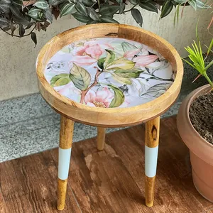 Mughalcrafts โต๊ะข้างไม้มะม่วงสีทึบทันสมัยขาที่ถอดออกได้ทำด้วยมือฤดูใบไม้ผลิดอกไม้โต๊ะกาแฟห้องนั่งเล่นห้องครัวใช้ในห้องครัว - Product Image 3
