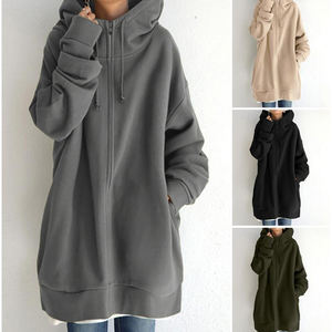 Sweat-shirt à capuche gris avec fermeture éclair pour femme, veste en polaire pleine grandeur, nouvelles poches, décontracté - Product Image 2