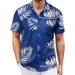 Chemises de plage Hawaii à imprimé feuille bleue légère coupe décontractée 100% coton chemises pour hommes de vacances - Product Image 1