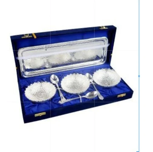 Ensemble de bols en argent de haute qualité joli Design bol de service en fonte d'aluminium en métal et plateau et cuillère plaqué argent avec boîte en velours - Product Image 4