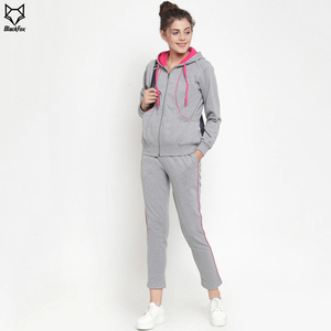 Conjunto Deportivo Gris para Mujer con Capucha y Ribete Rosa, Pantalones de Chándal Casuales con Cremallera de Manga Larga, Color Sólido, Transpirable, de Algodón, para Otoño - Product Image 4