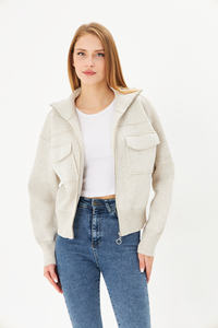 Manteau court décontracté pour femmes tricot à glissière en acier tricot manteau quotidien confortable avec col à capuche haut élégant confort assaisonné - Product Image 5