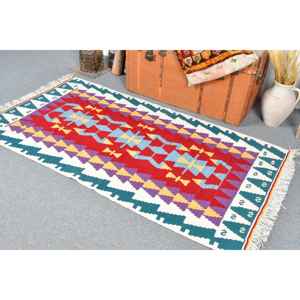 Alfombra Vintage, Alfombra Turca Decorativa de 3.3x6.1 pies, Alfombra Kilim con Diseño Floral Rojo y Azul - Product Image 3