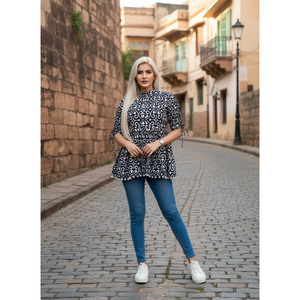 Elegante Blusa Casual de Popelina Bordada para Mujer con Detalle de Encaje - Blanco y Negro Talla XL - Product Image 1