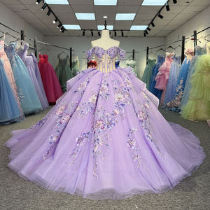 Vestido de Quinceañera de Tul Lila con Borlas y Escote Corazón, Estilo Imperio, Largo hasta el Suelo, con Estampado y Bordado, Antiestático, Modelo 6932 Popular - Product Image 1