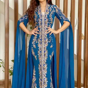 Hermoso trabajo de bordado en vestido caftán azul con mangas largas cuentas de cristal adornadas, piedra, secuencia, trabajo dabka @ 2024 - Product Image 1