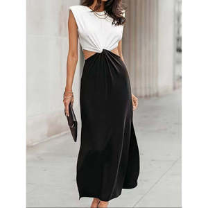 Vestido Largo de Crepé Brillante de Dos Tonos con Hombros Altos, Cuello Redondo y Laterales Abiertos, con Relleno, para Mujer, 37986 - Blanco - Product Image 2
