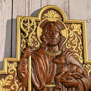 भगवान चरवाहा लकड़ी का क्रॉस डेकोर, हाथ से नक्काशीदार जेस्स, मेमने की दीवार फांसी के साथ, ईसाई आशीर्वाद घर शिल्प - Product Image 4