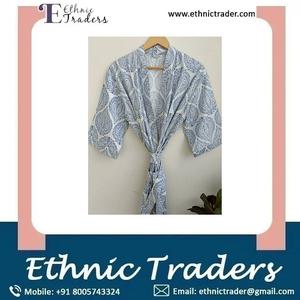 ชุดคลุมอาบน้ำชุดกิโมโนยาวถึงพื้นทำจากผ้าฝ้าย100% ชุดนอนแม็กซี่พิมพ์ลายสีฟ้า - Product Image 6