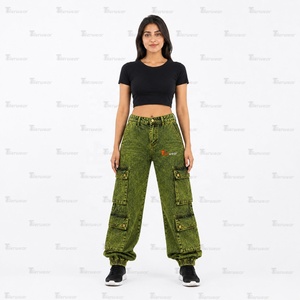 Jean cargo en denim taille haute pour femme, coupe ample et jambe large, bleu délavé vintage, style streetwear, vente en gros, personnalisable - Product Image 5