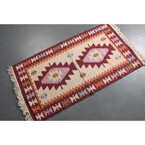 Alfombra Turca de 2.6x4.8 pies, Alfombra Pequeña Vintage, Alfombra de Lana a Cuadros Rojos - Product Image 1