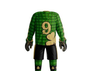 Green Checkered Ice Hockey Jersey Gold Shamrock Print Full Sleeve Men's Sportswear Uniform Breathable Polyester Apparel Ronpex - Product Image 5