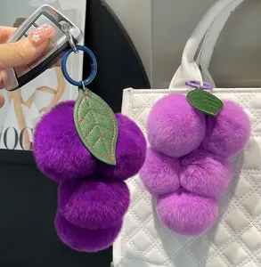 Lovely Fruit Grape Plush Keychain toys Fluffy Pom Pom Keychain Rabbit Rex Fur Pompom Key chain Car Keyring bag Pendant Accessory