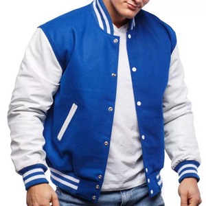 Chaqueta Universitaria Unisex de Alta Calidad, Azul Lana, con Mangas de Cuero Blanco, Nueva, Cuello Alto con Bordado de Chenilla, Chaqueta para Hombre - Product Image 5