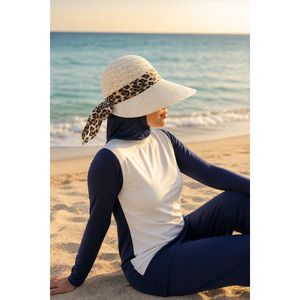 Chapeau de plage souple en paille imprimé léopard pour enfants avec écharpe, style cowboy à large bord en raphia pour fête ou plage, beige - Product Image 1