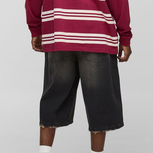 กางเกงขาสั้นผ้ายีนส์ยาวของผู้ชายเอวสูงสไตล์สตรีทกางเกงขาสั้นแบบดิบฟอกสีเข้มโลโก้ลายนูนออกแบบได้ตามต้องการใหม่ - Product Image 3