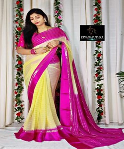 Saree Prêt-à-porter en Coton avec Dentelle et Séquence - Product Image 1