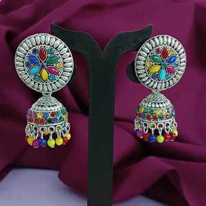 Indian Oxidized Floral Crystal Stud Dangle Jhumka Trendy Ethnic Wedding <b>Earrings</b> Jewelry Set for Women Alloy Material for Gifts - Product Image 2