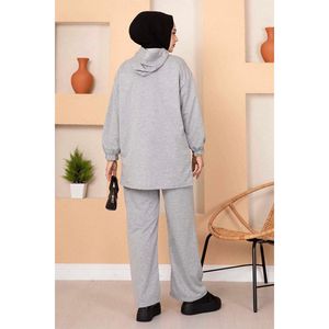 Ensemble 2 pièces en tissu polaire à capuche gris, décontracté, taille XS, logo personnalisé, tricot de haute qualité pour les tenues d'automne, haut ajusté court - Product Image 2