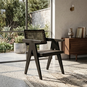 Black Solid Wood Woven Rattan <b>Armchair</b> V Leg Chandigarh Style Accent <b>Dining</b> Chair Outdoor Patio Setup Art Design Decor - Product Image 5
