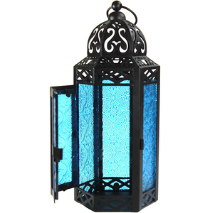 Moroccan Hanging Lantern Home Decorative Blue Glass/Metal Lantern <b>for</b> <b>Patio</b> Living Room and Weddings Table Decoration - Product Image 4
