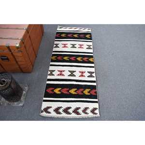 2.1x5.3 ft Rug, Vintage Turkish <b>Runner</b> Rug, <b>Black</b> Kilim Wool Rug - Product Image 1