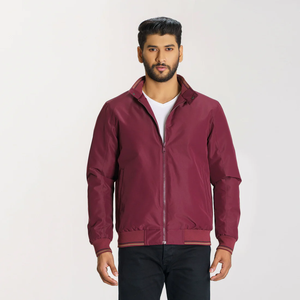 Men's Eco-Friendly Breathable Maroon Bomber <b>Jacket</b> with Ribbed Cuffs-Stylish <b>Smart</b> Casual Polyester/Cotton - Product Image 1