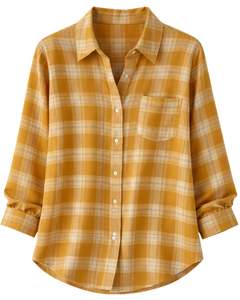 Camisa Oversize a Cuadros para Mujer, Amarillo Mostaza, Manga Larga, Casual, de Franela, Tipo Túnica, Suave, Otoño Invierno, Venta al por Mayor - Product Image 1