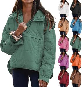 Women's Lightweight Quilted Pullover Puffer Jacket Long Sleeve <b>Coat</b> Oversized Hood Stand Collar Button Packable for <b>Winter</b> - Product Image 1