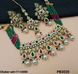 Most Trendy <b>Jewellery</b> For Indian Wedding Function CZ Stone Studded With Pearl Work Necklace Set Earrings & Mangtika Set - Product Image 4