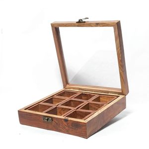 Wholesale Eco-Friendly <b>Square</b> <b>Wood</b> Spice <b>Box</b> with Spoon Masala <b>Box</b> 9 Container Custom Color Designer Dishwasher Safe - Product Image 5