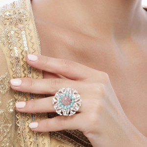 Exquisite Floral Diamond Emerald Bead and Pink Gemstone <b>Statement</b> <b>Ring</b> in White Gold - Product Image 3