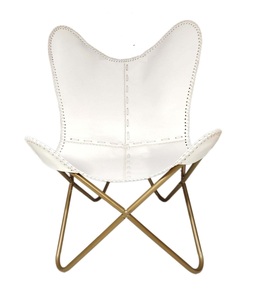 Chaise papillon en cuir de couleur blanche avec support doré, chaise de remplacement en cuir véritable - Product Image 2