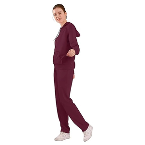 Pantalon de survêtement à capuche zippé en molleton de coton décontracté pour femmes survêtements tricotés deux pièces solides avec logo avant imprimé pour l'automne - Product Image 3