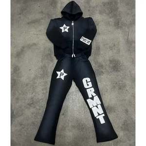 เสื้อฮู้ดดี้พิมพ์ลายสไตล์วินเทจทรงหลวมสำหรับผู้ชายไซส์ใหญ่ ผลิตตามแบบ OEM พร้อมปักโลโก้และลายปะติดแบบดิสเทรส ล้างสีแบบแอซิดวอช ชุดเสื้อฮู้ดดี้และกางเกงขายาวทรงบาน - Product Image 5